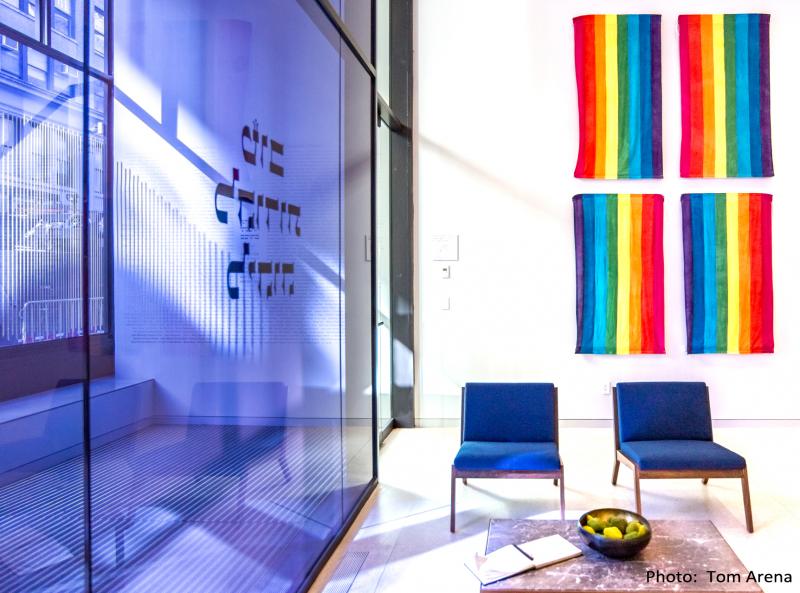 Sheffer Lobby with Rainbow Flags sewn by Gilbert Baker